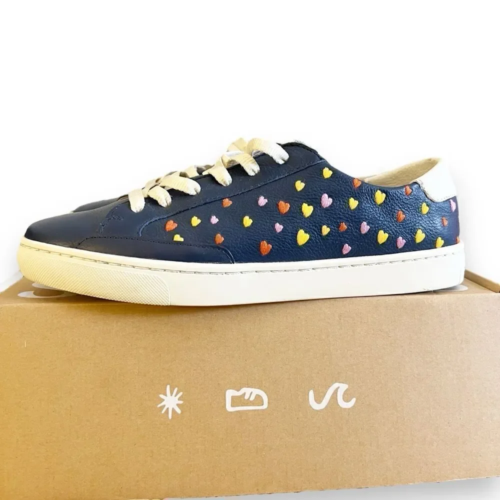 Soludos Queen Of Hearts Genuine Leather Embroidered Ibiza Sneakers, Blue Size 10